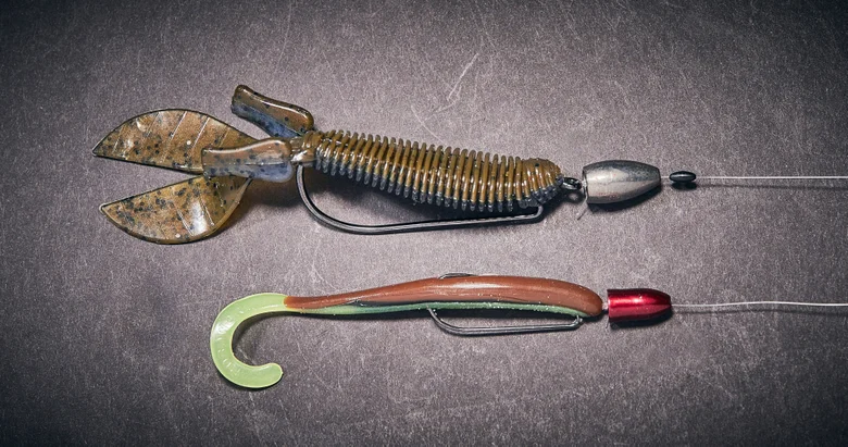 an image of two texas rigged bass baits